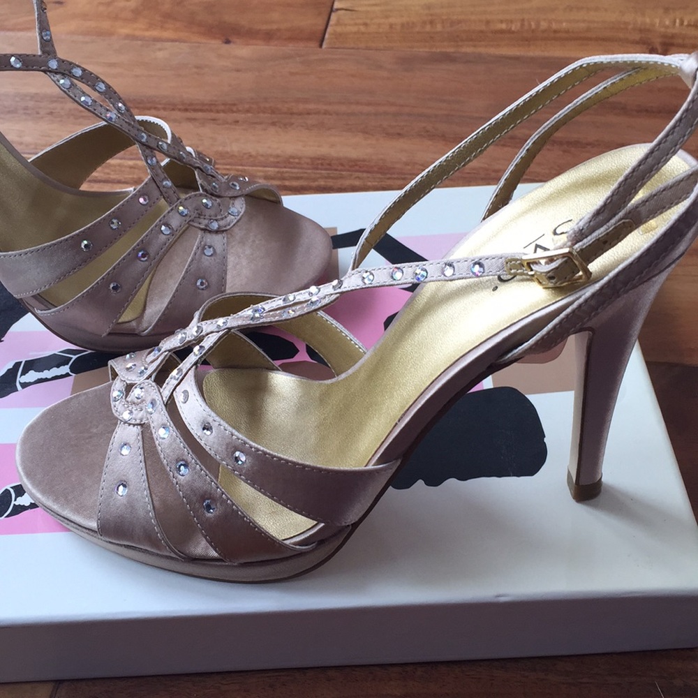 RSVP Champagne Satin Rhinestones Dress Sandals 7.5